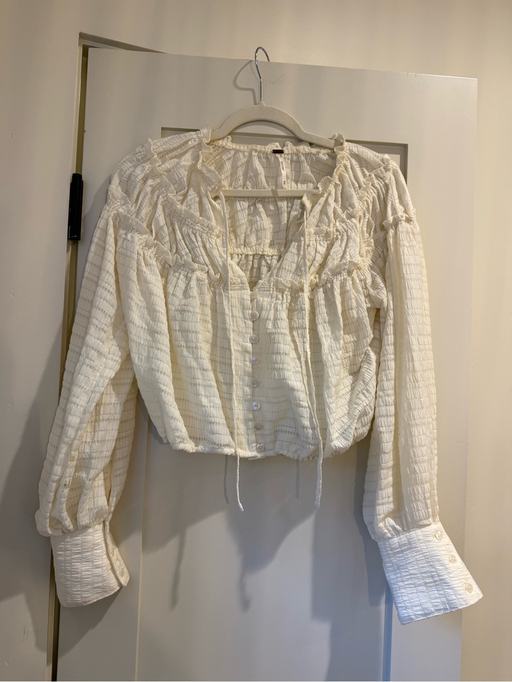 Free People Cream Ruffle Button-Front Peasant Blouse